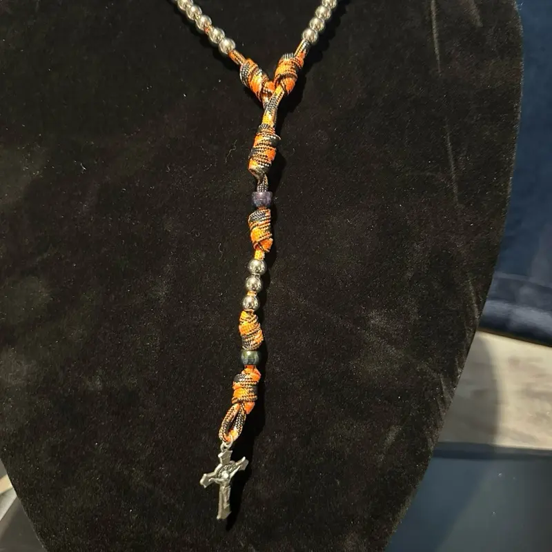 Handmade paracord 5 decade rosary blessed orange camo and silver