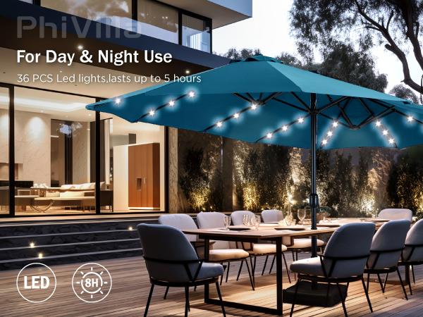 [15ft Extra Large] PHI VILLA Double-Sided Patio Umbrella with Crank & LED Lights - Large Steel Frame, UV Protection, Metal Base Included, Modern Decorative Lighting