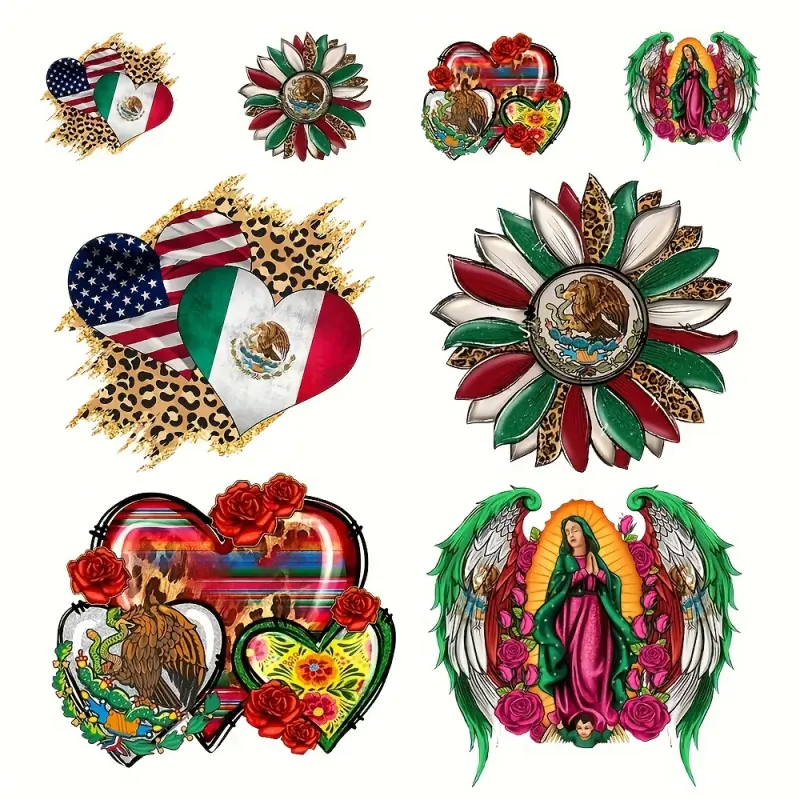 8 Pcs American Flag Mexican Heart Flower Vinyl Stickers for DIY T Shirt Bag Hat, Colorful Waterproof Decals, Craft Supplies for Adults Kids, Decorative Stickers, Sticker Set
