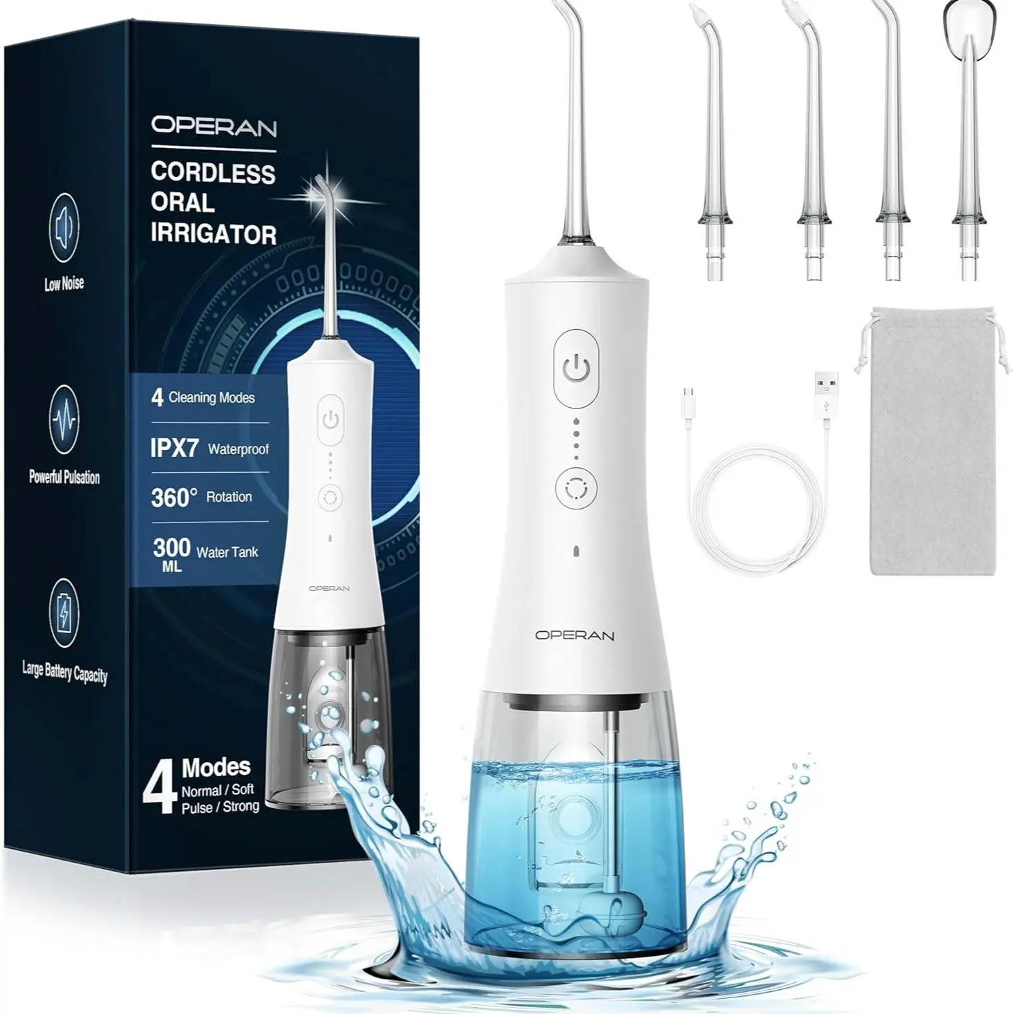 Cordless Rechargeable Portable Oral Irrigator, 200/300ML IPX7 Waterproof, 360° Rotating Tips & Tongue Clean, 4 Modes Electric Teeth Cleaner for Home Travel, Oral Plaque Remover, Teeth Whitening, Gum Health Self-Care Tool Water Flosser Combo