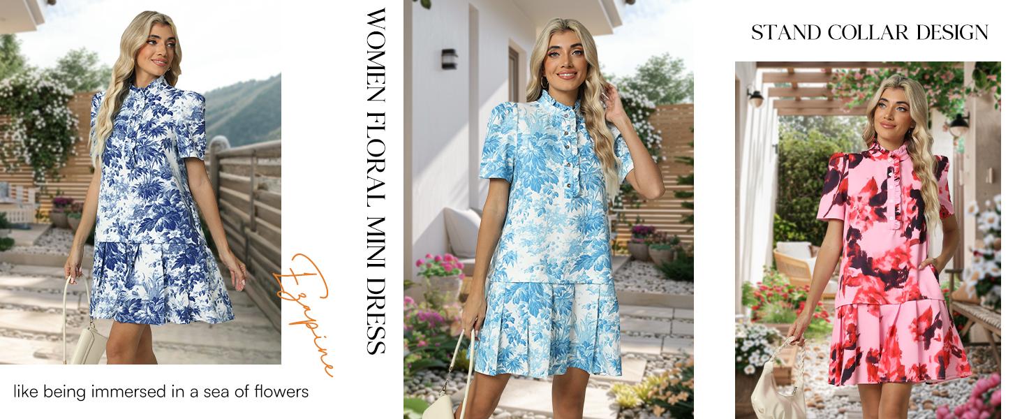 Women Floral Mini Dress Short Sleeve Stand Collar Button Up Elegant Work Swing Short Pleated Dress