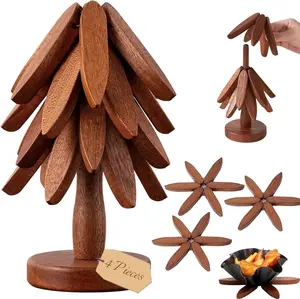 Wooden Trivets for Hot Dishes, 4-Pack Foldable Tree-Shaped Trivet Set with Stand - Walnut Wood Holders for Pots, Bowls & Teapots