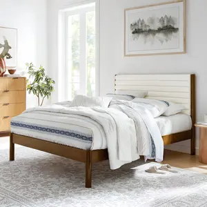 Olea Channel Tufted Boucle Solid Wood King Platform Bed in Feather Walnut