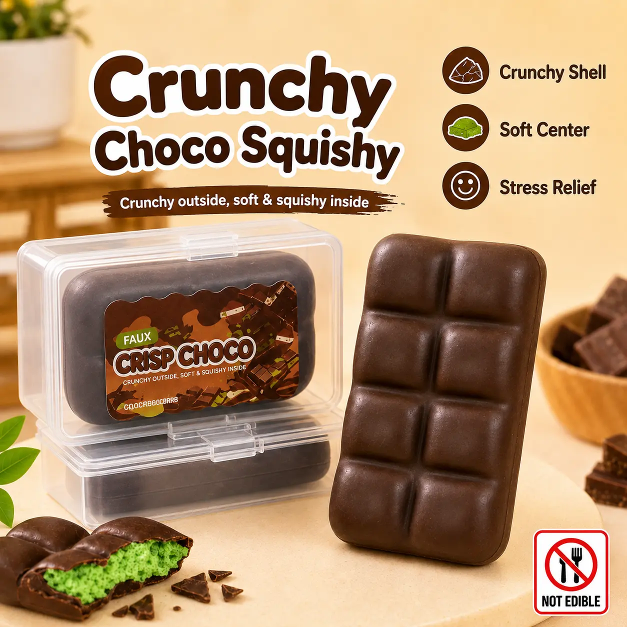 Crunchy Chocolate Shape Faux Food Squishy Toy - ASMR Crunchy Squishies, Realistic Crackable Stress Relief Sensory Fidget Toy with Storage Case, DIY Specialty Supply for Age 6+, Teens