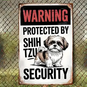 1PC 2D plane, vintage metal sign |       Metal plate engraved with dog pattern and "NING PROTECTED BY SHIH TZU SECURITY" words |       20*30cm/8*12Inch |       Suitable for living room, bedroom, coffee shop, bar, garage, home decoration Vintage garage sig