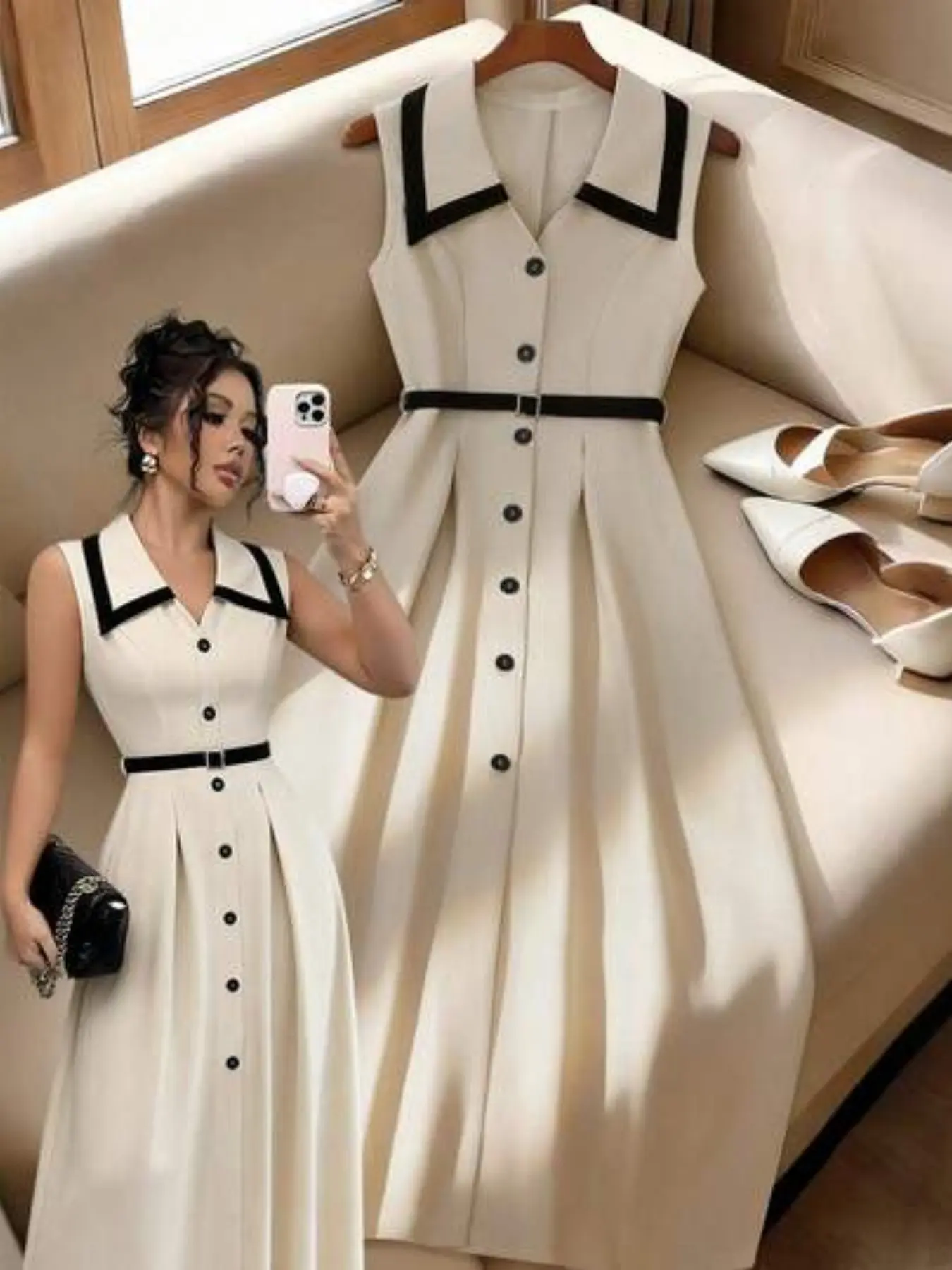 Elegant Contrast Lapel Sleeveless Dress with Belt, V Neck Single Button Midi Dress, Women's Formal Office Wear Chic Elegant Fit Nk-Wry-5916