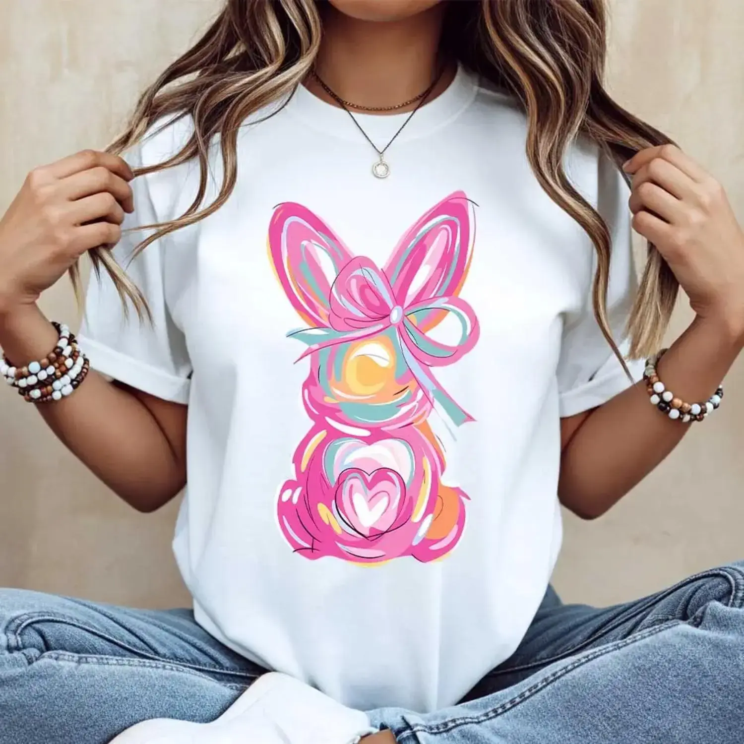 Casual Women s Round Neck Short Sleeve T Shirt Featuring Easter Bunny With Pink Bow and Colorful Swirls Print for Spring Festival and Holiday Wear hn01