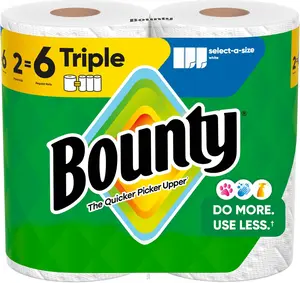 Durable Bounty Select-A-Size Paper Towels, White, 2 Triple Rolls = 6 Regular Rolls