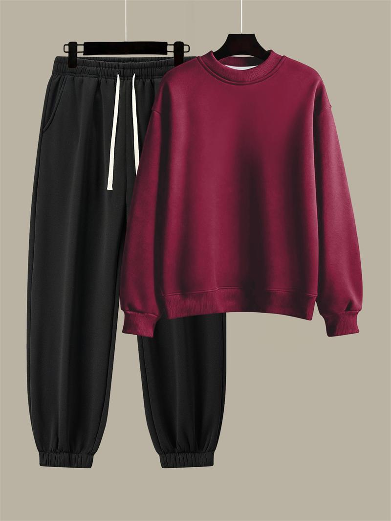 Men's Cotton Solid Color Casual Tracksuit Set Loose Fit Crew Neck Sweatshirt with Matching Jogger Pants for Fall Winter Comfortable Menswear Outfit for Outdoor Activities Sporty Commute Fitness and Relaxed Everyday Wear