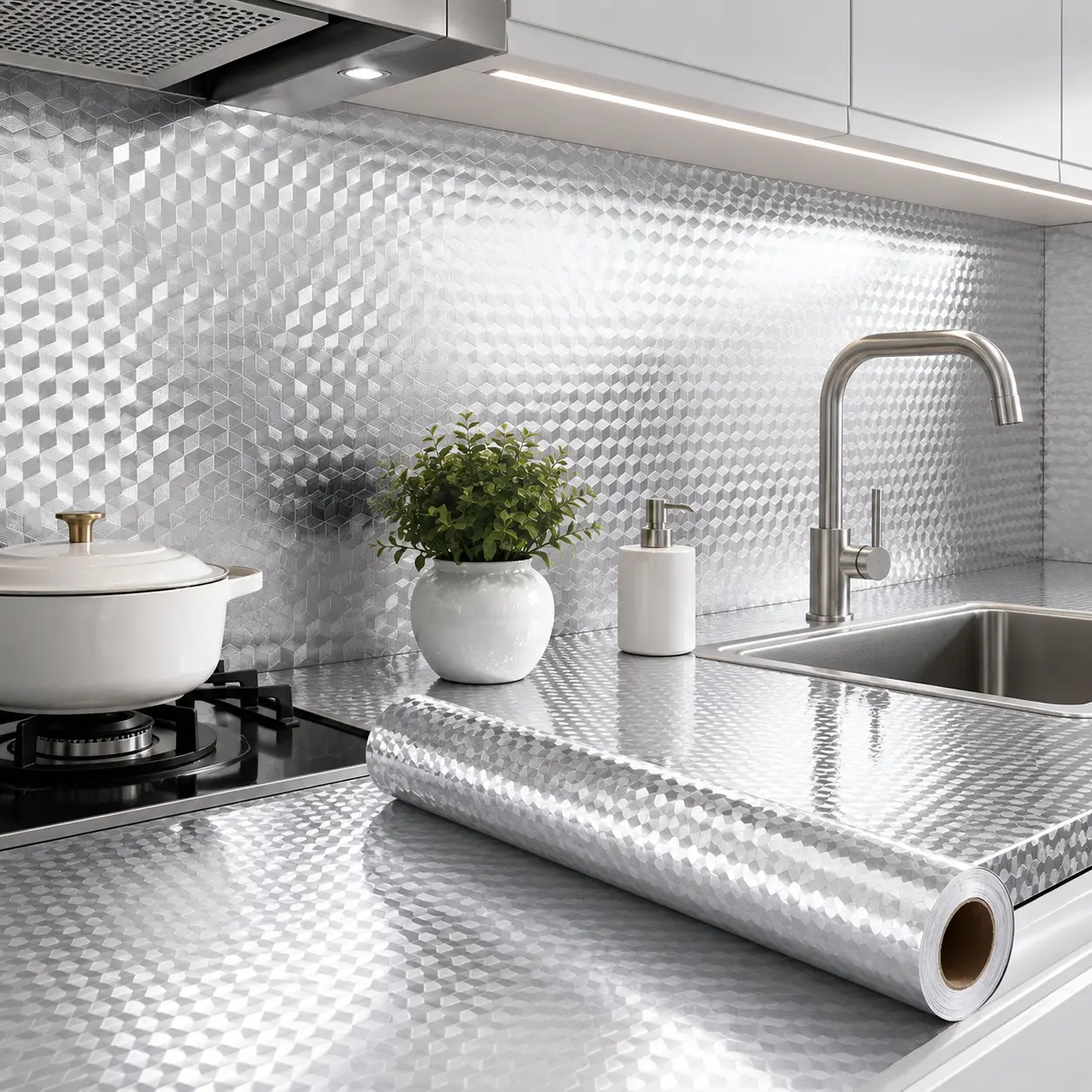 Self-Adhesive Aluminum Foil Backsplash Wallpaper kitchen wallpaper, Moisture Proof Peel and Stick Wallpaper Silver Metallic Surface, Self-Adhesive Aluminum Foil Wallpaper Heat Resistant for Kitchen Renovation