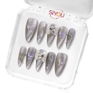 SHINE PETALS Premium Handmade Press-On Nails Long-Lasting Long Almond Shape Glossy Grey Finish Soft Pink Beige Delicate Floral Embellishments Crystal Style