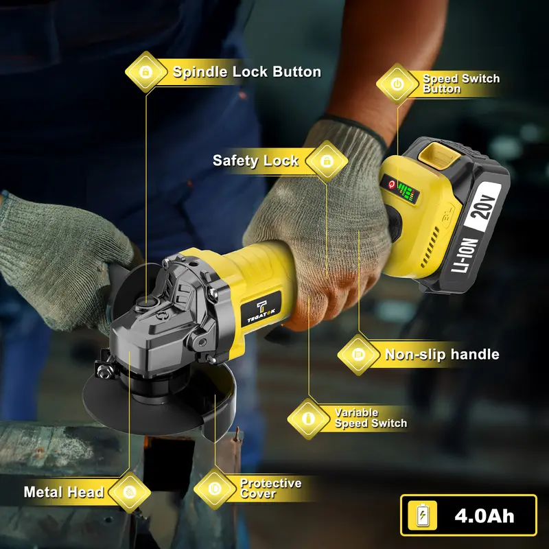 Cordless angle grinder with speed controls, spindle lock and protective guard
