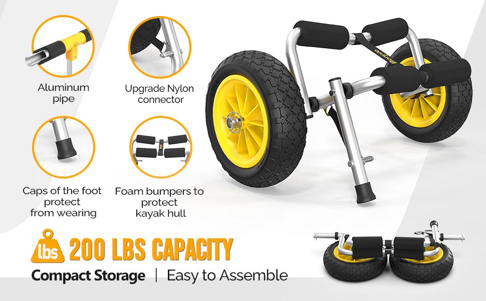 Bonnlo Foldable Aluminum Kayak Trailer with 10'' Solid Tires, Universal Kayak Wheels Cart for Canoe, Paddle Board, Boat, Float Mats, Jon Boat