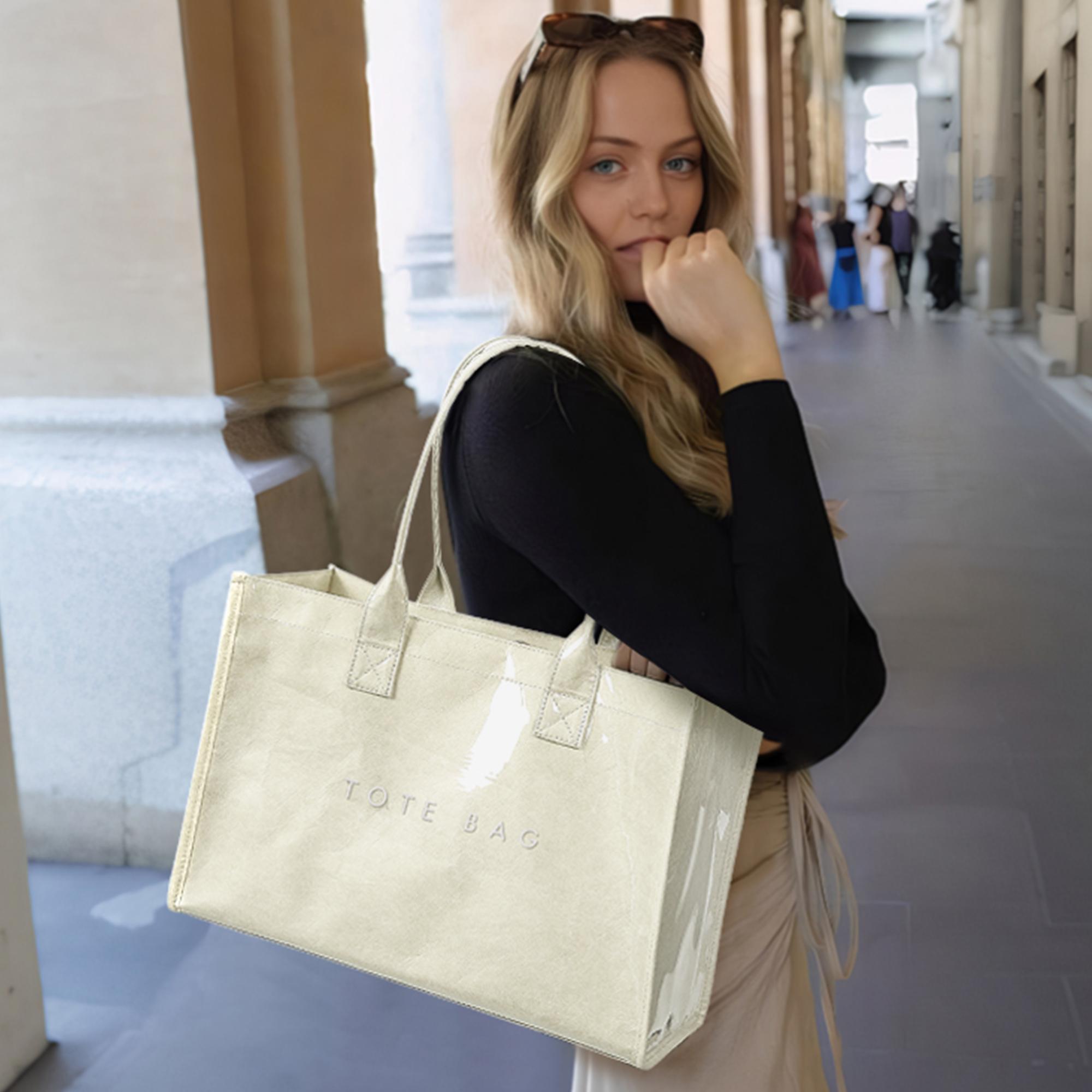 KALIDI PVC Tote Bag for Women, Waterproof Large Capacity Work & Beach Tote, Kraft Paper Shoulder Handbag with Top Handle for Travel & Everyday Use