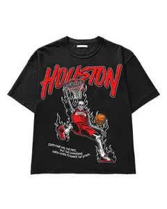 Houston Basketball Skeleton Dunk T-Shirt – Black Washed Cotton Oversized Crew Neck Short Sleeve Tee, Flame Graphic Print Streetwear Tops, Loose Fit for Basketball Fans, Houston Supporters & Streetwear Enthusiasts