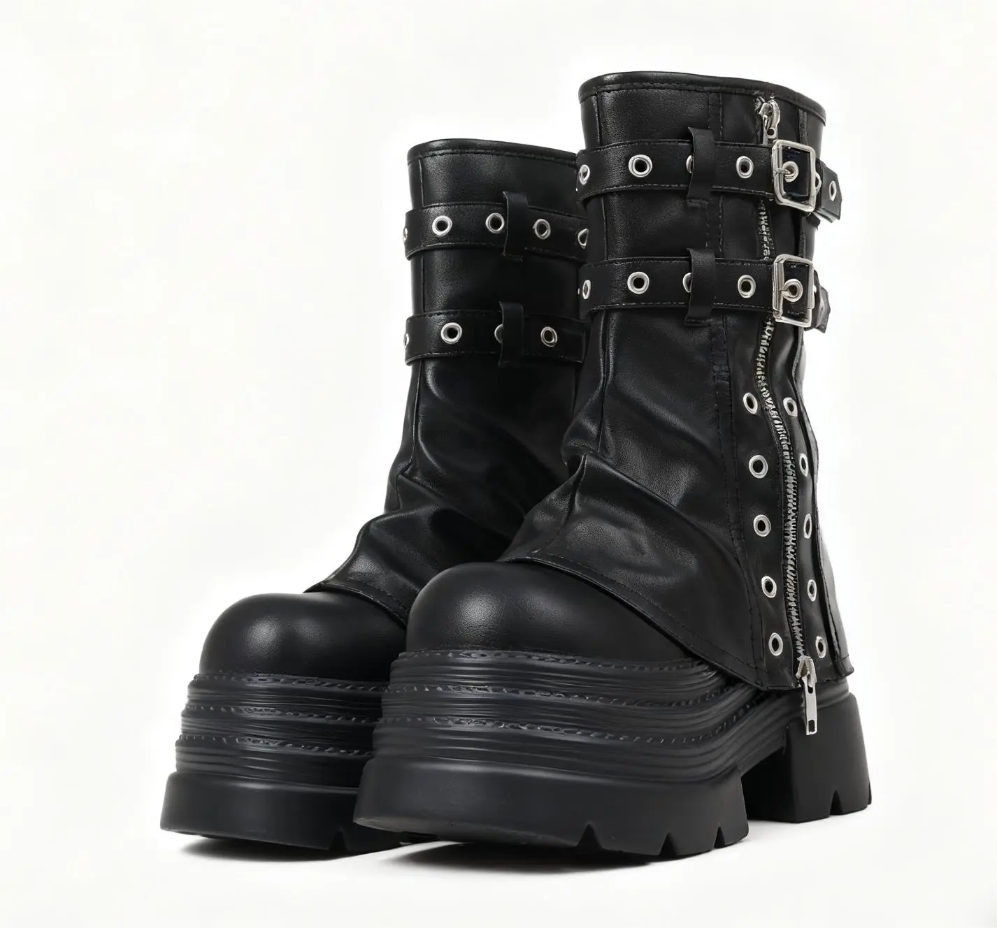 Gothic Ankle Fold Over Platform Boots Women Y2k ChunkyLow Heel Fall Slouchy Platform Boots Motorcycle BuckleZipper Design Fashion Buckle Black Boots Alt girls ConcertOutfit Full Season Walking Shoes Footwear plus size booties