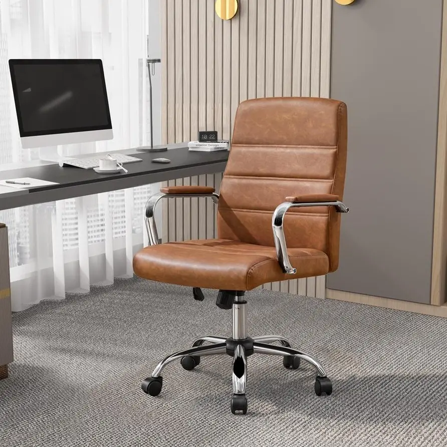 Yaheetech Office Chair Mid-Back Swivel Desk Chair with Arms PU Leather Height Adjustable Office Executive Chair tiktokshopbacktoschool