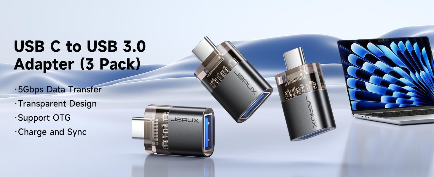 JSAUX  USB C Male to USB Female OTG Adapter 3.0 [3 Pack], Compatible with MacBook, iPhone, Samsung Galaxy, All USB C Smartphone Cellphone-Black