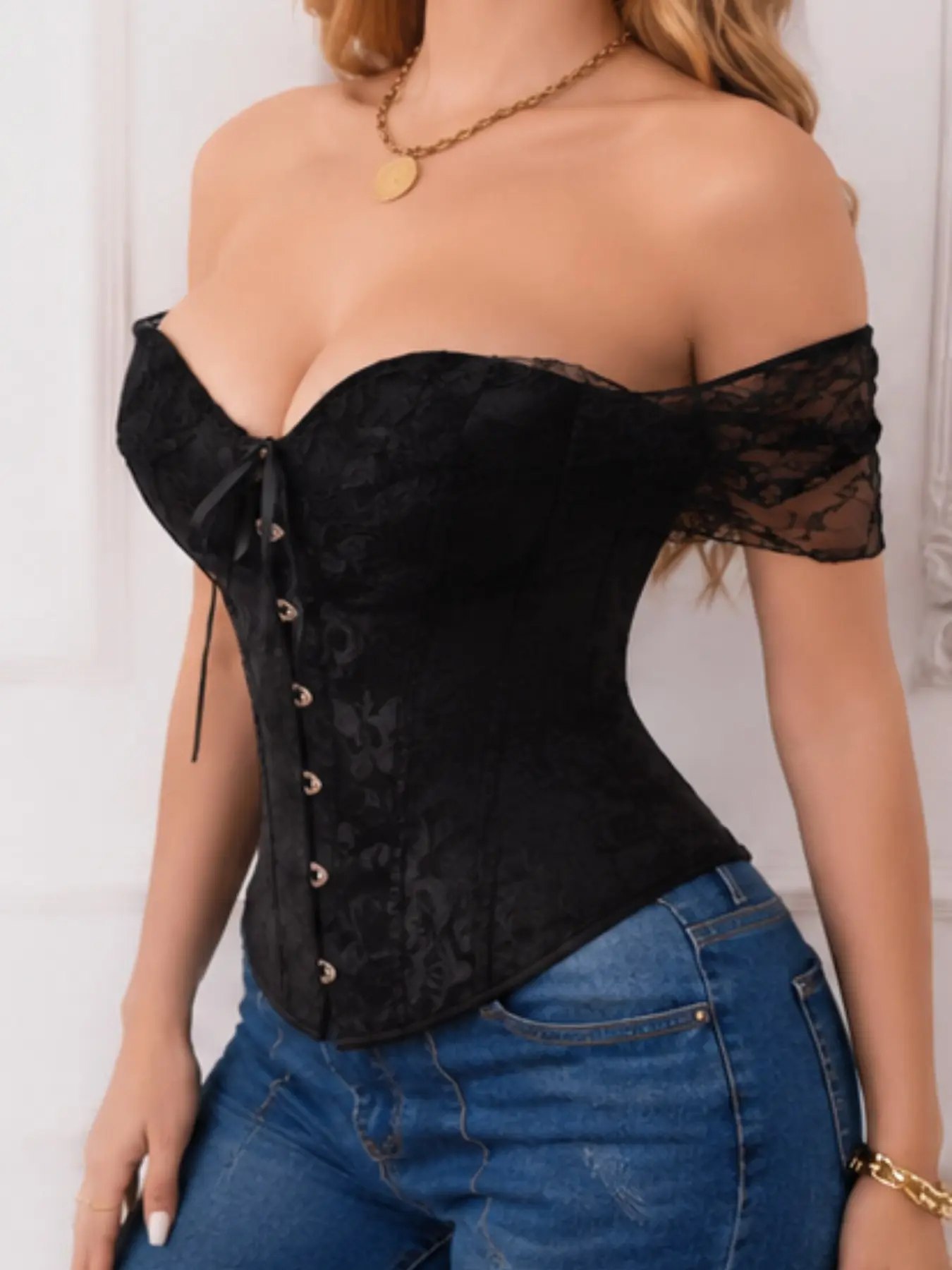 Women's Off-Shoulder Lace Corset Top, Vintage Floral Bustier, Lace Up Back Waist Shaping Top, Corset Style Shapewear, Party Clubwear