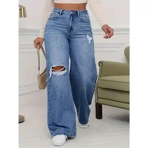 Large Stock, Prompt Delivery New Wide Leg Straight Ripped Jeans Women's Light Blue High-Waist Mopping Pants Women's Trendy New Style denin