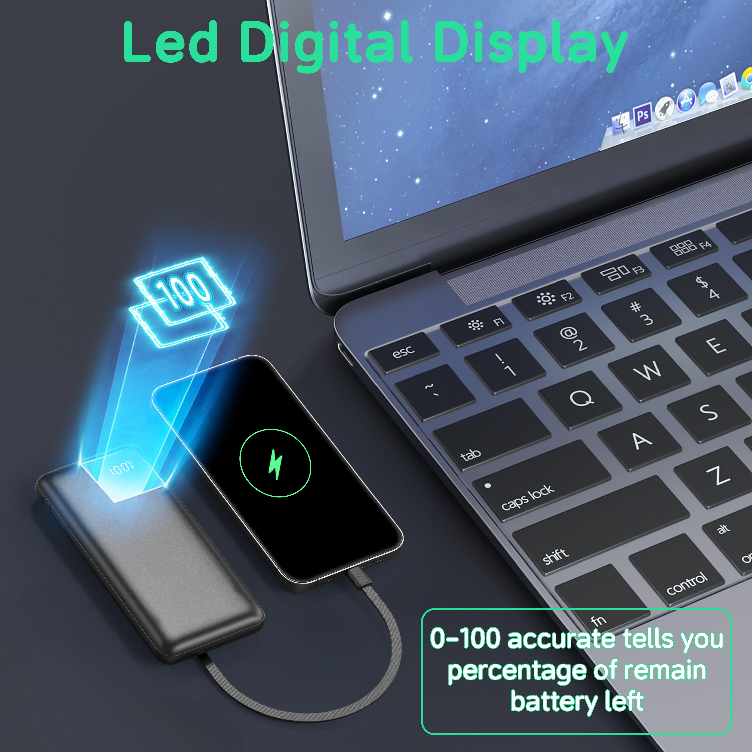 10000mAh Portable Power Bank with Built-in Cables, 22.5W Fast Charging Slim Charger for iPhone, Android, Samsung, Google Pixel, iPad