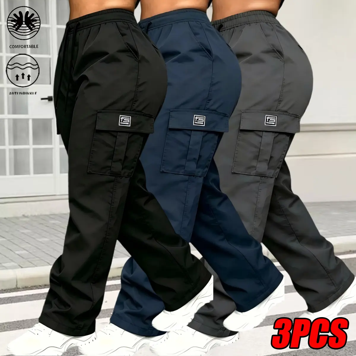 Women’s 3-Pack Mid-Waist Wide-Leg Cargo Pants - Basic Bottoms for Women, Adjustable Drawstring Waist, Flap Pockets, Plain, Wrinkle-Free, Soft, Lightweight Street-Style Trousers for Commuting, Travel