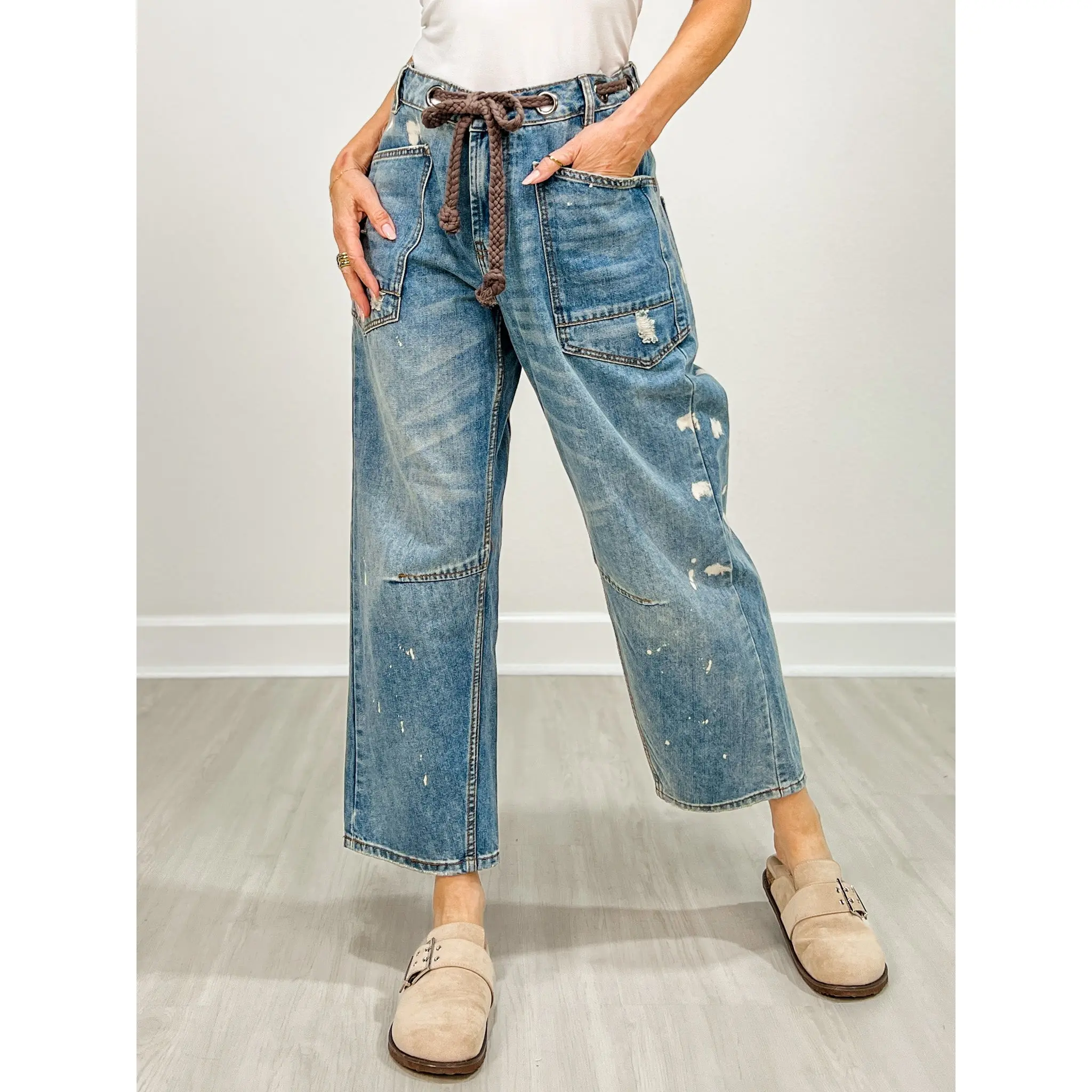 Washed Paint Splattered Barrel Jeans