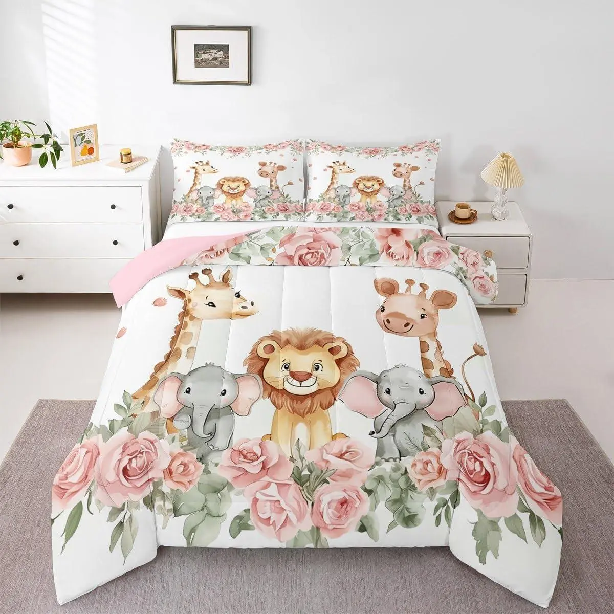 Cute Zoo Animal Duvet Quilt Cartoon Animal Bedding Set Giraffe Elephant Lion Bedding Set Jungle Theme Room Decor Breathable Soft Lightweight
