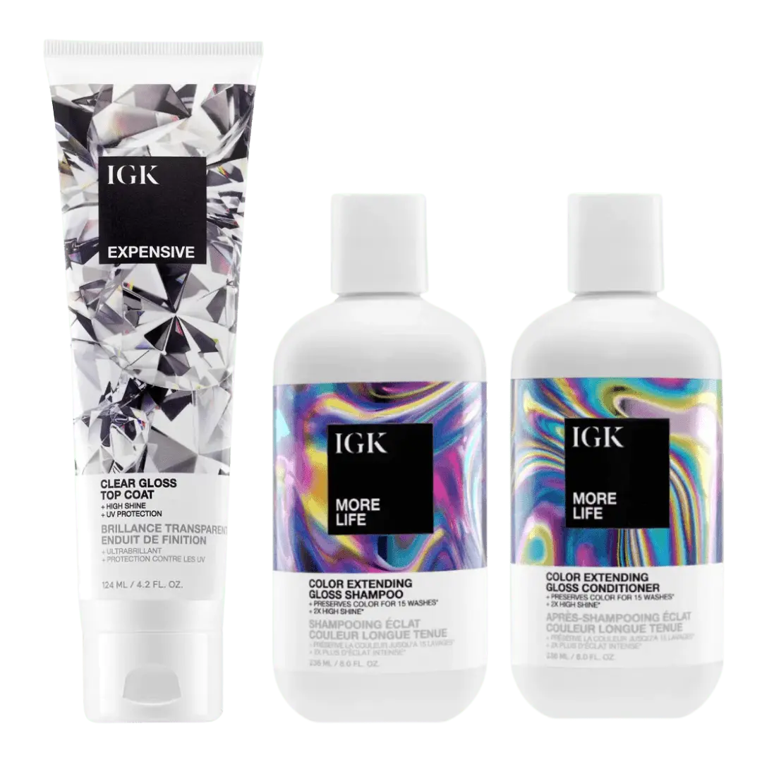 IGK EXPENSIVE + MORE LIFE Haircare Cleansing Set with Color Extending Gloss Shampoo & Conditioner for Brilliance