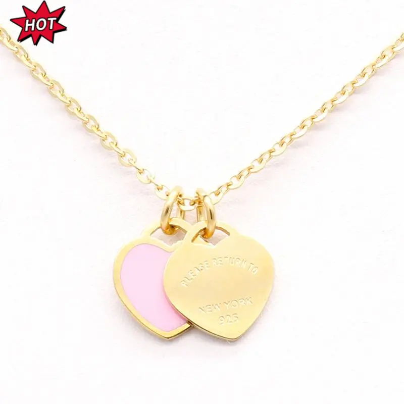 New luxury enamel pink double heart necklace, 18k gold titanium steel, versatile new style