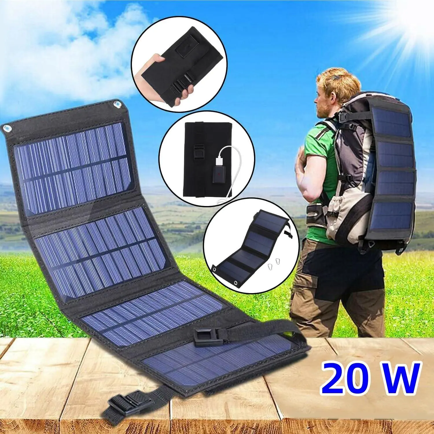 20W Portable Solar Panel Charger – Foldable Monocrystalline Waterproof Power Source, Lightweight Emergency Charger for Cell Phones, Camping, Hiking & RV, USB Output, IP65 Durable, High Efficiency for Outdoor Adventures