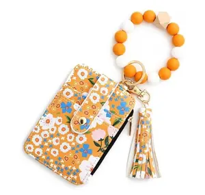 Mothers Day Gifts Ladies' Boho Style Beaded Tassel Decoration Keychain with Floral Pattern Wallet,Leather Card Case Keychain Wallet for Women