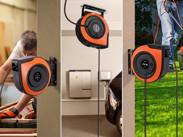 DEWENWILS Retractable Extension Cord Reel, 75 FT Heavy Duty Power Cord, 14/3C SJTOW, Lighted Triple Tap Outlets, 10A Circuit Breaker, Wall/Ceiling Mounted for Garage, Workshop, UL Listed, Cable Wall-HCRA75A DEWENWILS Retractable Extension Cord Reel, 75 FT Heavy Duty Power Cord, 14/3C SJTOW, Lighted Triple Tap Outlets, 10A Circuit Breaker, Wall/Ceiling Mounted for Garage, Workshop, UL Listed, Cable Wall-HCRA75A
