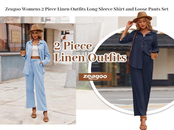 ZEAGOO Women 2 Piece Linen Sets Button Down Shirt and Drawstring Long Pants Set Summer Outfits ZEAGOO Women 2 Piece Linen Sets Button Down Shirt and Drawstring Long Pants Set Summer Outfits