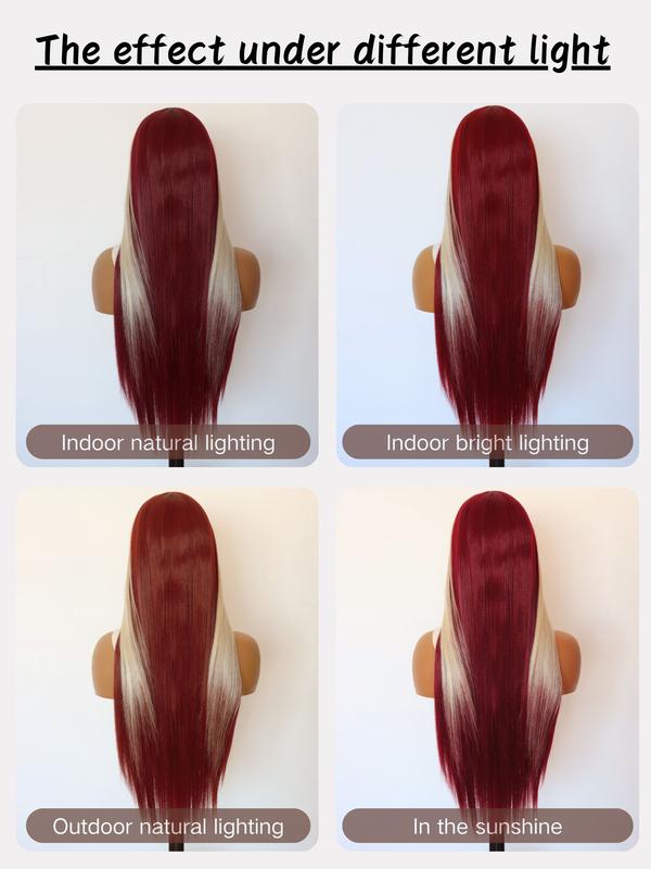 Burgundy With Blonde Highlights Lace Front Wig, Wine Red 13x4 Lace Front Wig,Heat-resistant Synthetic Fiber Wigs,Cosplay Halloween Party Use (28 Inch)