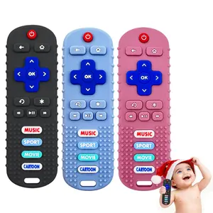 3 Pack Remote Control Shape Silicone Teethers for Babies Chew Toys, Teething Toys for Infant Toddlers,Baby Remote Control Toy, teethers for Babies 6-12 Months (Black&Blue&Pink)