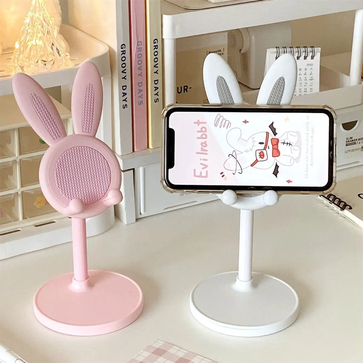 2PCS Adjustable Height Cute Rabbit Phone Stand with Stable Grip Portable Design Universal Desktop Holder for Most Devices Pink & White