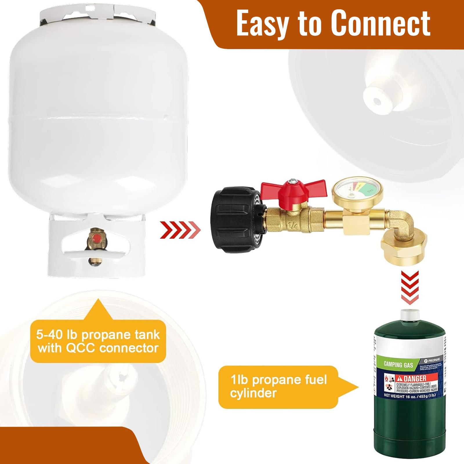 Propane Refill Adapter for 1 LB. Tanks with Luminous Gauge, Refillable Propane Cylinder 1 LB, 5-40 LB Tank Filling, 90-Degree Elbow, Metal Hardware for Industrial Use