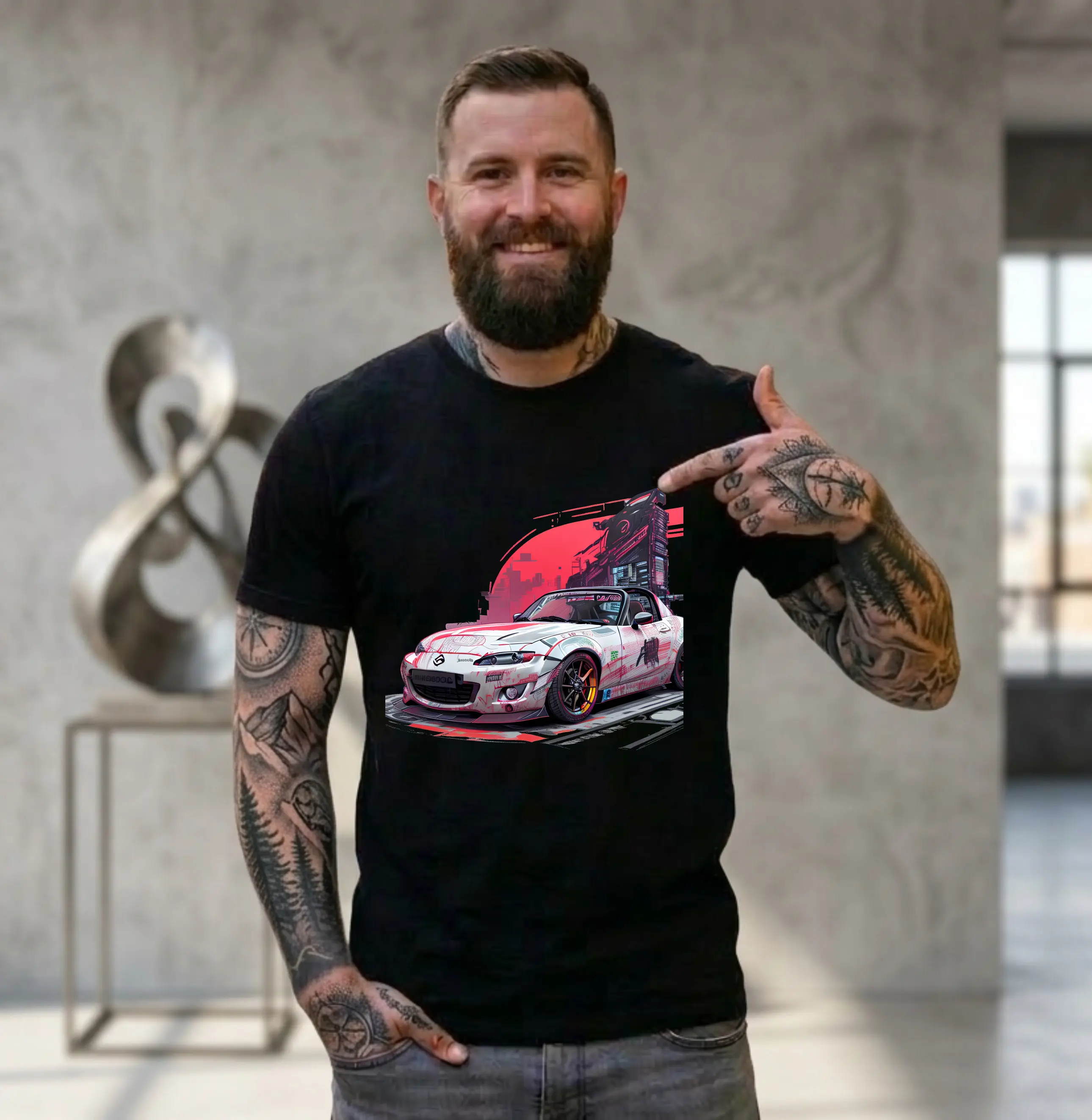 Mazda MX5 T-shirt for Men - 100% Cotton Black Shirt with Dynamic Ink Design - Perfect for Creative Meetings & Nights Out - Menswear sohochic