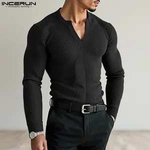 INCERUN Men's 2025 Fall Versatile Fashion Knitted Slim-Fit Long-Sleeve Sweater, Soft Comfortable Fabric, Ideal For Casual Wear Or Layering.