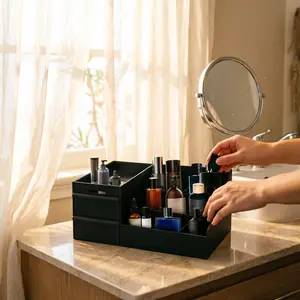 Luxury Black Men's Cologne Storage Box 3-Layer Vanity Organizer with Drawers for Fragrance & Grooming Waterproof Bathroom Countertop Case Ideal Gift for Him Kitchen