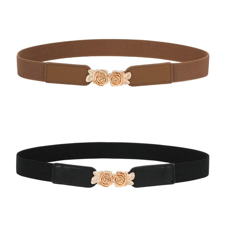 AWAYTR Skinny Belts for Women Dresses Retro Double Knot Buckle Stretchy Elastic Waist Belts for Jeans Dresses 2Pcs/Set