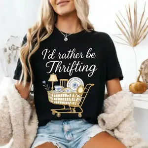 Vintage-Style Graphic Tees | I'd Rather Be Thrifting T-Shirts Casual Crew Neck with Geometric Pattern, Slight Stretch Fabric, All-Season Boutique Thrift Store Gifts