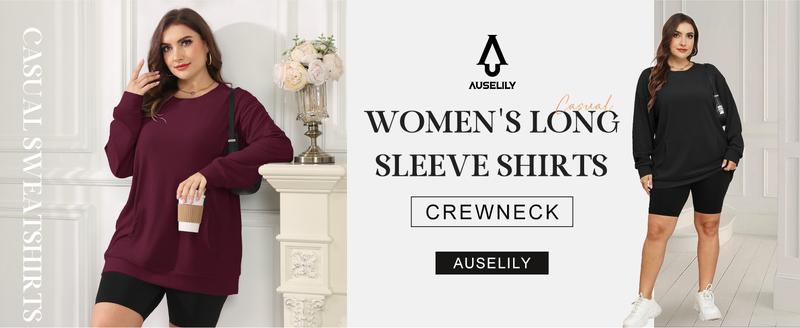 AUSELILY [Plus Size] Women's Crewneck Hoodless Sweatshirt With Kangaroo Pocket  Fleece Longsleeve Casual Style Shirt  Lightweight Pullover