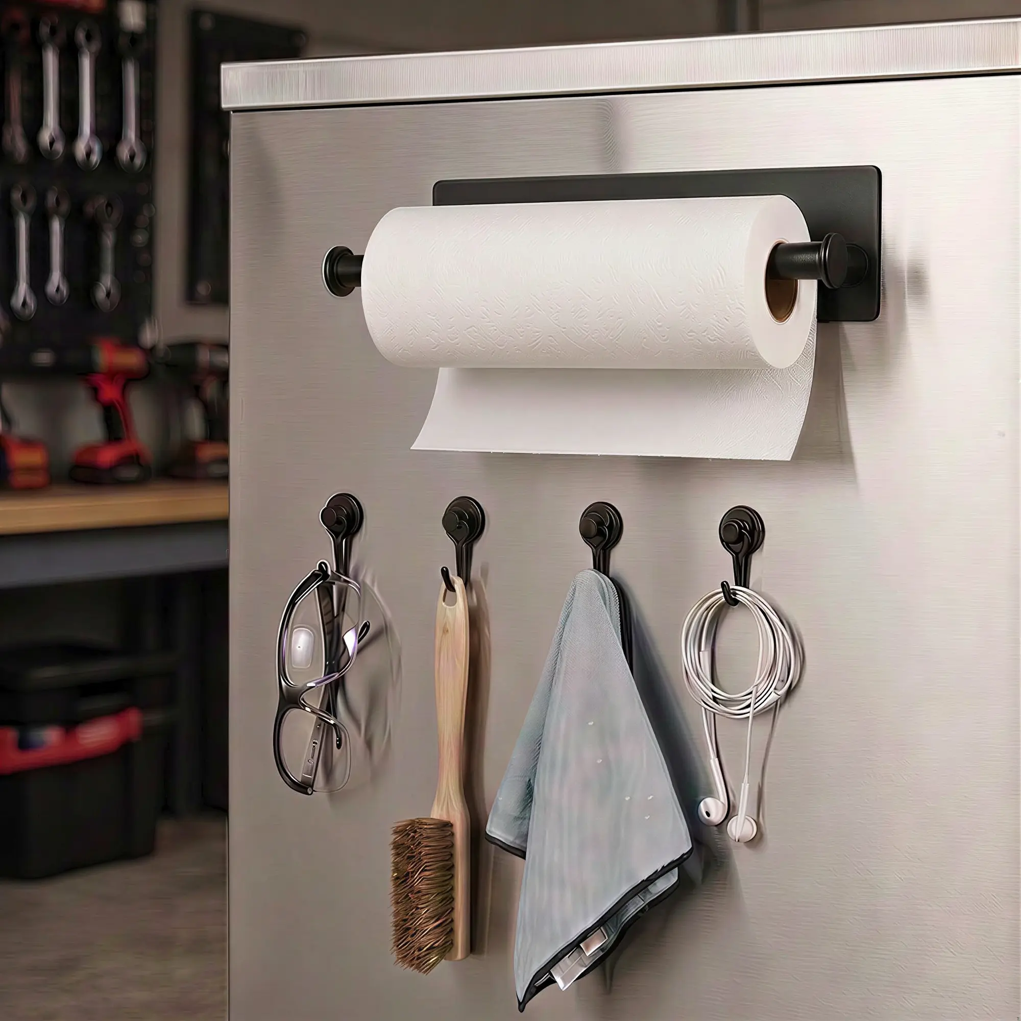 Magnetic Paper Towel Holder for Garage tool cabinet – No Drill Paper Towel Roll Holder for Kitchen & Bathroom, Strong Magnet Organizer for Refrigerator, Grill, Washing Machine