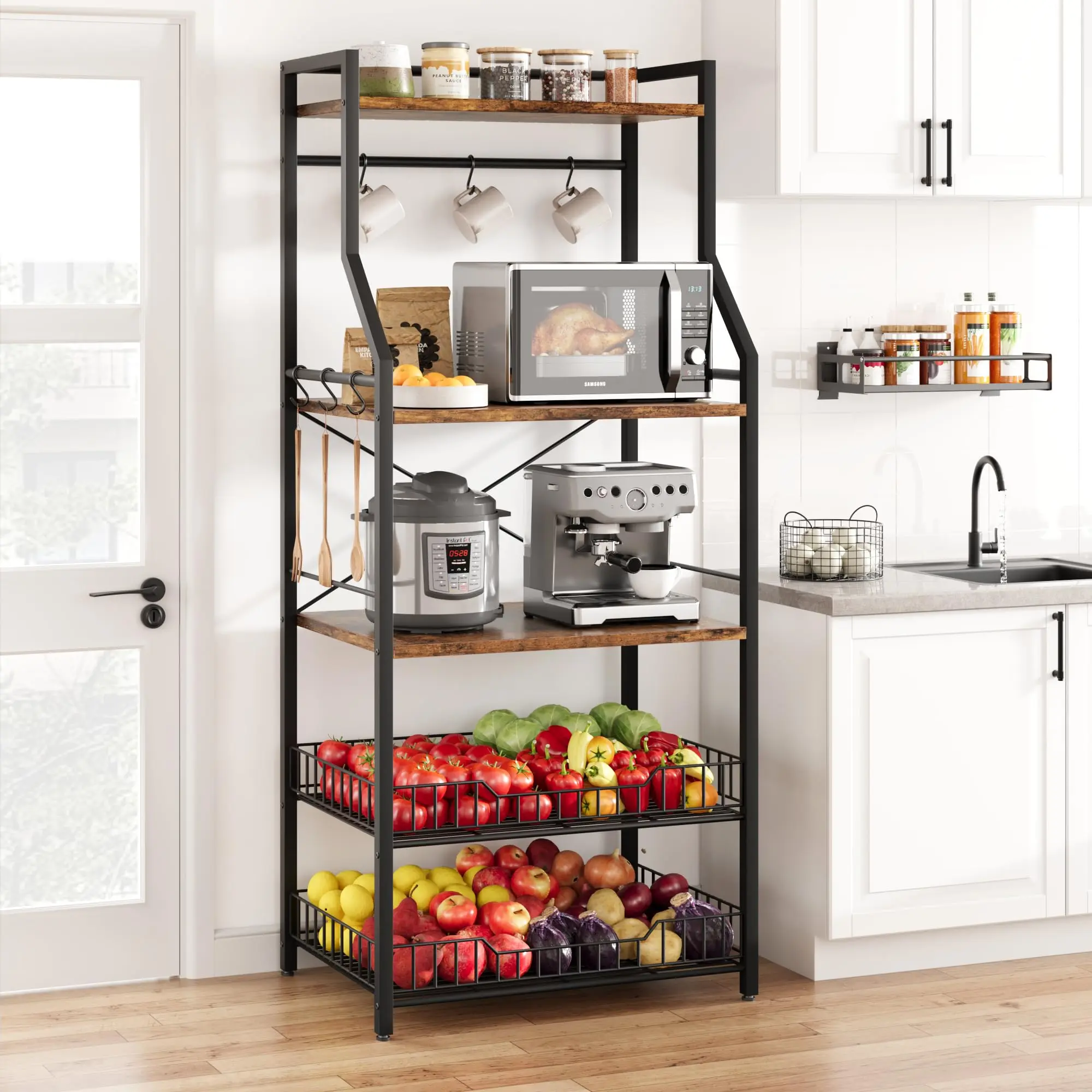 GARVEE Kitchen Bakers Rack with Microwave Stand - 5-Tier Storage, Adjustable Feet, Anti-Tip Kit, and 8 Hooks, Perfect for Organizing Coffee Bars and Kitchens with Rustic Wire Baskets.