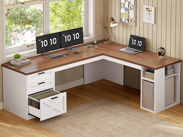 SEDETA 67 Inch Farmhouse L Shaped Executive Computer Desk with 3 Drawers Storage Shelves Power Outlets