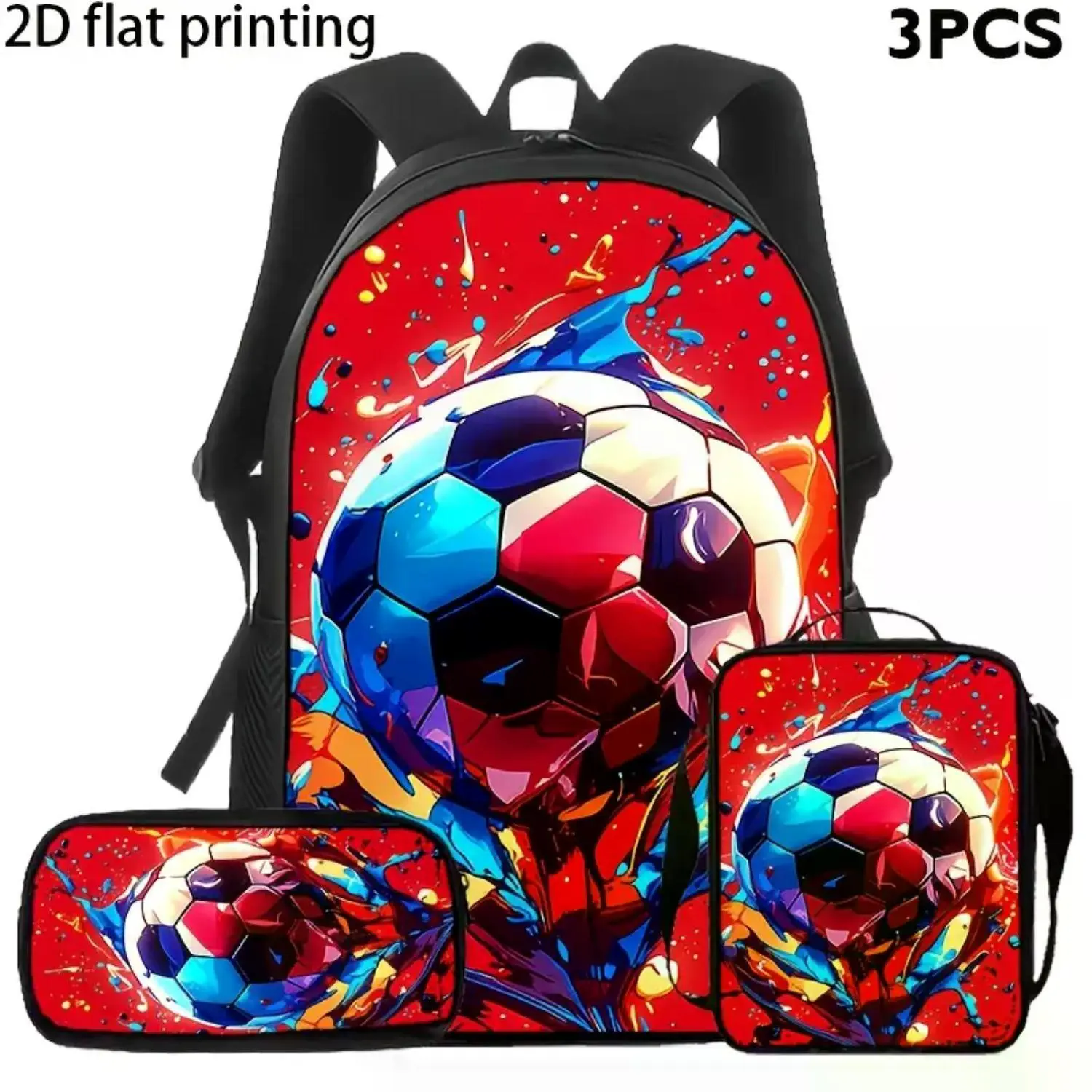 Vibrant Soccer Ball Backpack Set: 3-Piece School Bundle with Matching Lunch Bag & Pencil Case - Red Splash Sports Gear for Kids and Teens