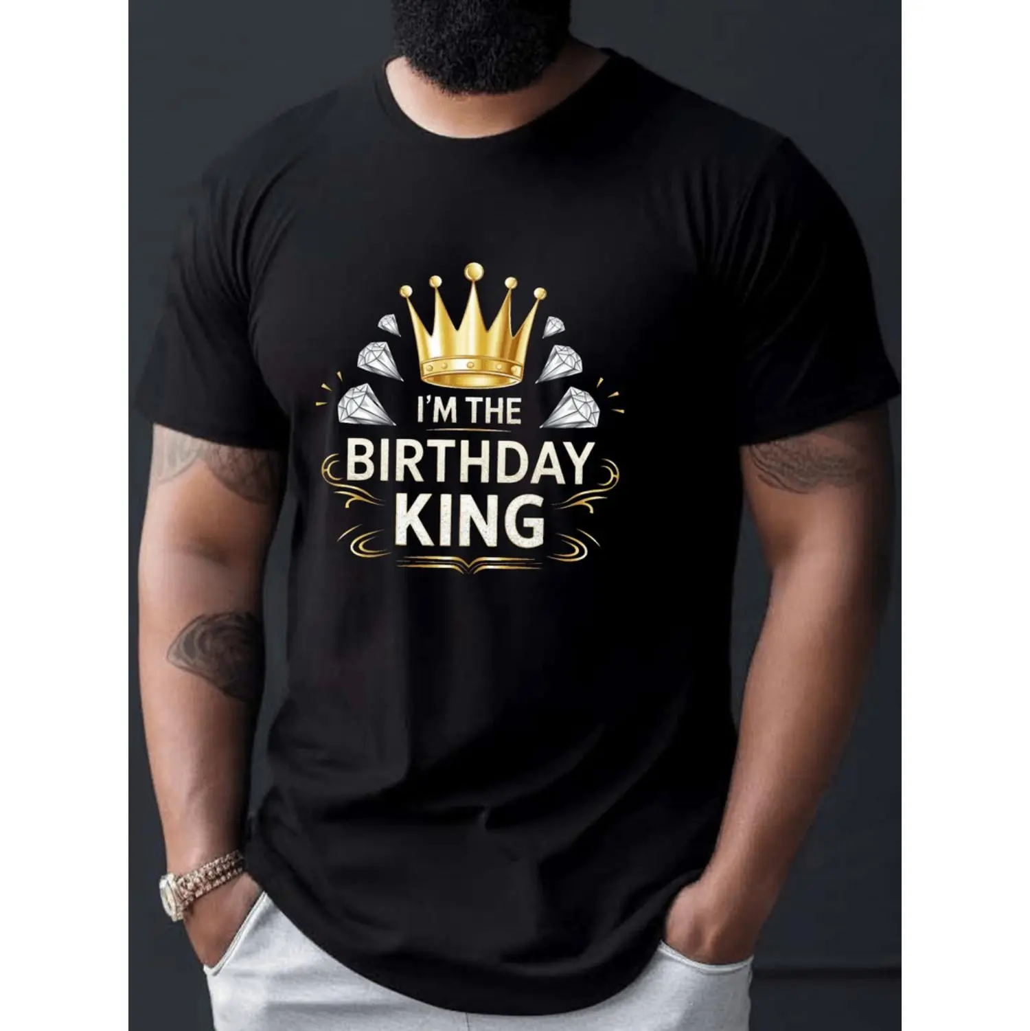 Men'S Birthday King Crown Graphic Tee, 100% Polyester Crew Neck Short Sleeve T-Shirt, Casual Summer Knit Fabric Top with Slight Stretch, Regular Fit - 150gsm
