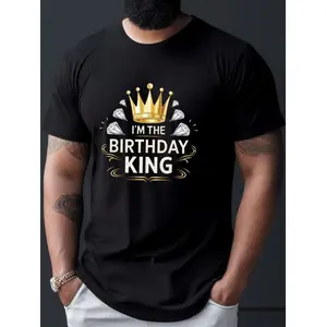 Men'S Birthday King Crown Graphic Tee, 100% Polyester Crew Neck Short Sleeve T-Shirt, Casual Summer Knit Fabric Top with Slight Stretch, Regular Fit - 150gsm